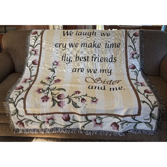 My Sister And Me Tapestry Throw Woven Blanket Floral and Sentimental Quote NEW - Picture 1 of 7